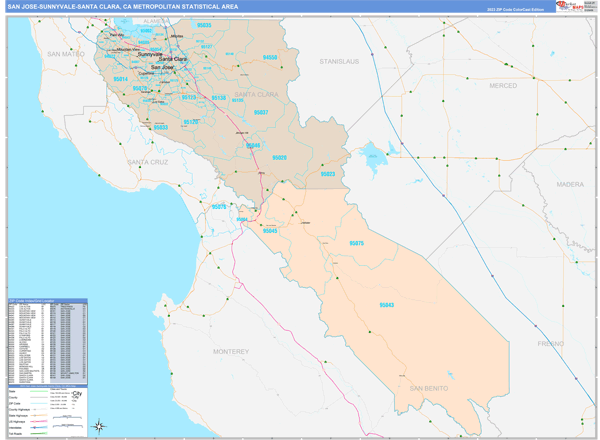 San Jose-Sunnyvale-Santa Clara Metro Area Digital Map Color Cast Style